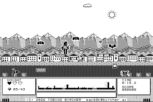 Castle: the knight in mid-jump between three bats above the town, a checkpoint pennant and a goblin on the walkway below.
