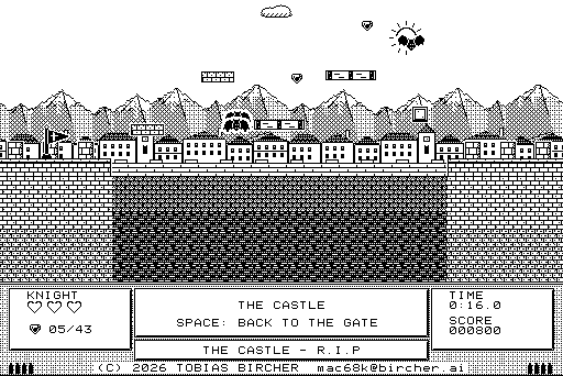 Castle: the castle wall with a long moat, no hearts left; the panel says THE CASTLE, SPACE: BACK TO THE GATE, THE CASTLE - R.I.P.