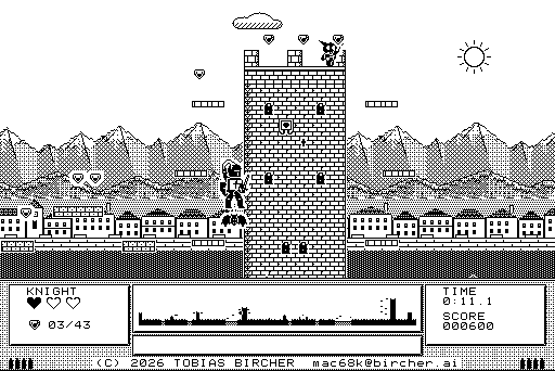 Castle: the knight jumps beside the great tower, a bat below him, a goblin on the battlements, gems and floating ledges around the tower; mountains and a town in the background, the panel shows hearts, gems 3 of 43, a minimap of the castle, time and score.