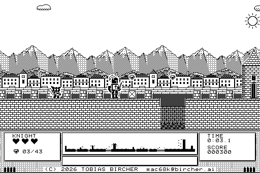 Castle: the knight runs along the castle wall towards a moat, a goblin behind him, gems above the houses of the town.