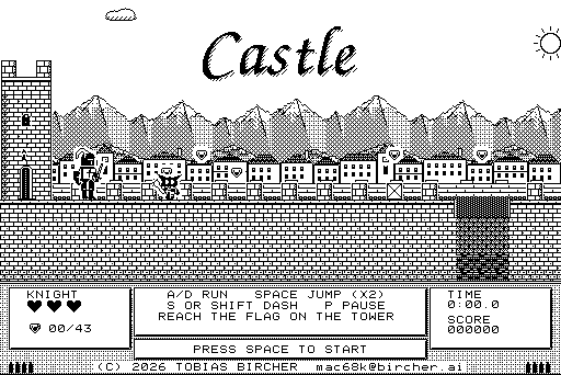 Castle title screen: the word Castle in calligraphy above mountains, a town and the castle wall with a knight and a goblin; the panel shows the controls and PRESS SPACE TO START.