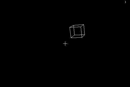 SpaceShoot: a white wireframe cube in black space, the crosshair next to it.