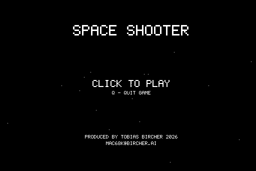 SpaceShoot title screen: SPACE SHOOTER, CLICK TO PLAY, Q - QUIT GAME and the credits, white text on a black starfield.