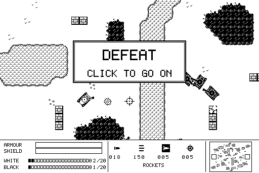 Tank Duel: a box saying DEFEAT, CLICK TO GO ON, over the battlefield.