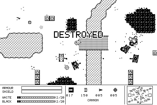 Tank Duel: the word DESTROYED over the battlefield, explosions and debris around the bridge.