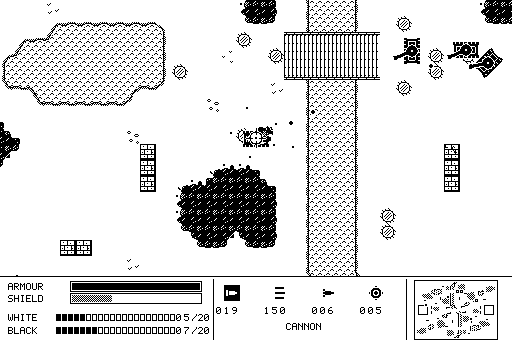Tank Duel: tanks fighting around the wooden bridge over the river, forests and brick walls, status bar with armour, shield, weapons and radar at the bottom.