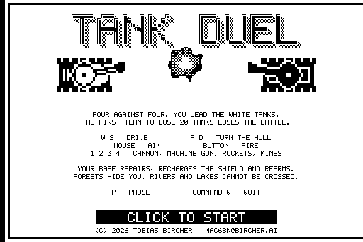 Tank Duel title screen: the name in big dithered letters, a white and a black tank, the rules and the keys, CLICK TO START and the credits.
